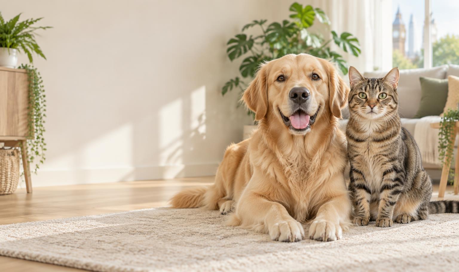 A golden retriever and tabby cat relaxing together in a bright London home